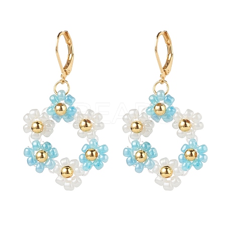 Glass Seed Braided Flower Dangle Leverback Earrings EJEW-JE04998-1