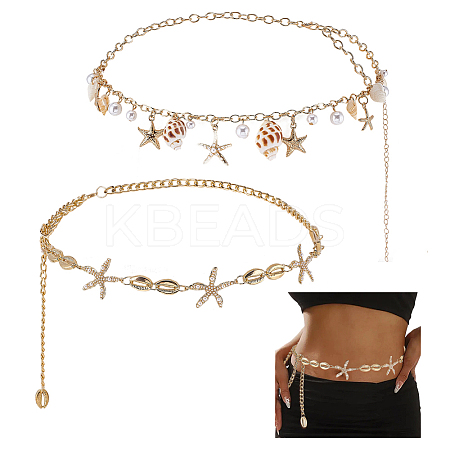 2Pcs 2 Styles Natural Mixed Shell & Alloy Starfish Tassel Chain Belts AJEW-PH0006-73-1