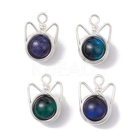 4Pcs 4 Colors Natural Tiger Eye Dyed Round Bead Pendants PALLOY-TA00151-1