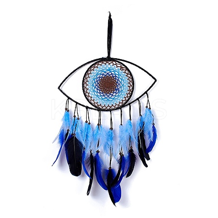 Handmade Evil Eye Woven Net/Web with Feather Wall Hanging Decoration LS-HJEW-K035-07-1
