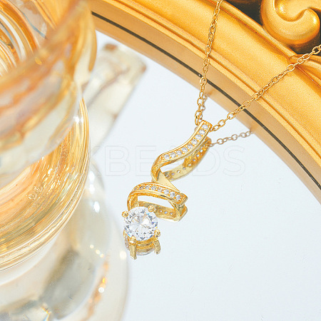 Spiral Shaped 304 Stainless Steel Micro Pave Clear Cubic Zirconia Pendant Necklaces FS-WG74725-01-1