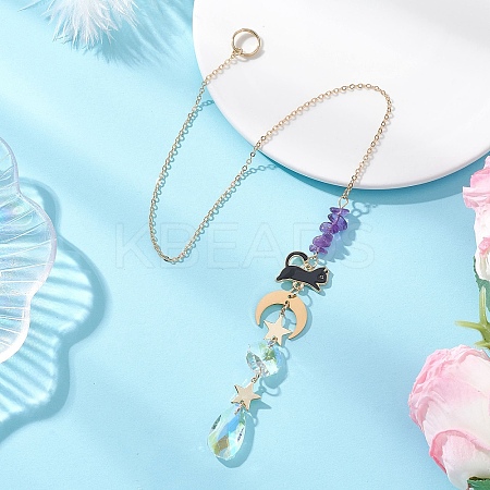 Teardrop Glass & Natural Amethyst Beads Hanging Suncatchers HJEW-JM04611-1