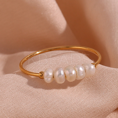Nuggets Stainless Steel & Natural Freshwater Pearl Beads Finger Rings WG1BE4A-02-1