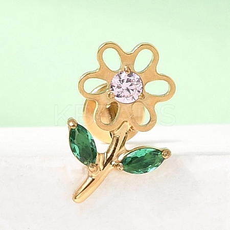 F136 Titanium Pave Pink and Green Cubic Zirconia Flower Internally Threaded Labrets ME-CBA9828-04G-1