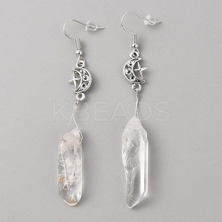 Natural Quartz Crystal Bullet with Moon Dangle Earrings EJEW-WH0009-41-1