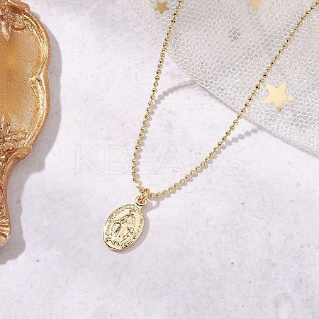 Brass Ball Chain Oval Virgin Mary Pendant Necklaces for Women NJEW-JN05120-1
