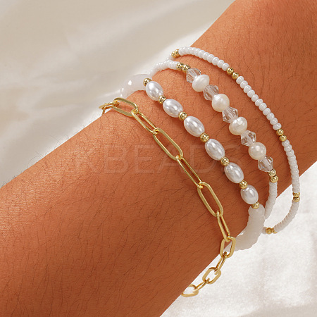 4Pcs 4 Styles Fashion Plastic Imitation Pearl & Natural Freshwater Pearl & Glass Beaded Stretch Bracelets SF7008-1-1