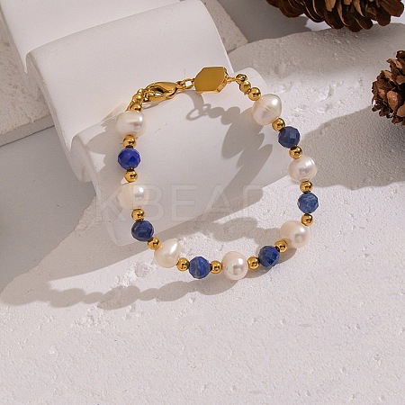 304 Stainless Steel & Natural Freshwater Pearl & Lapis Lazuli Beaded Bracelets for Women BJEW-B162-03G-1