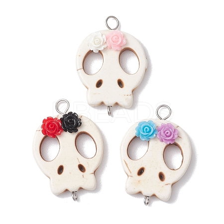 Halloween Skull Synthetic Turquoise Connector Charms with Flower Resin PALLOY-JF02780-1