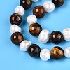Natural Tiger Eye Round & Natural Cultured Freshwater Pearl Grooved Potato Beads Strands PEAR-N019-10-4