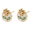 Oval with Flower Brass Micro Pave Cubic Zirconia Stud Earrings EJEW-P336-02G-4