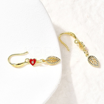 Leaf with Heart Brass Micro Pave Clear Cubic Zirconia Dangle Earrings EJEW-C155-01G-1