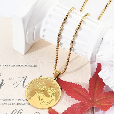 201 Stainless Steel Flat Round with Boy Pendant Box Chain Necklaces for Women Men LS-NJEW-R013-05G-1