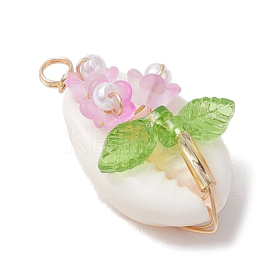 Natural Cowrie Shell Copper Wire Wrapped Flower Pendants PALLOY-JF03833-1