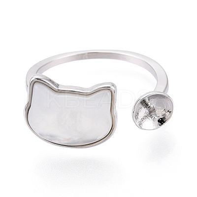 Cat Shape Brass Shell Cuff Ring Settings KK-T076-65P-1