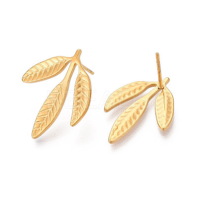Ion Plating(IP) 304 Stainless Steel Leaf Stud Earrings for Women EJEW-F300-11G-1