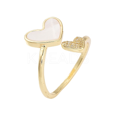 Rack Plating Heart Brass Micro Pave Cubic Zirconia Open Cuff Rings for Women RJEW-B064-16G-1