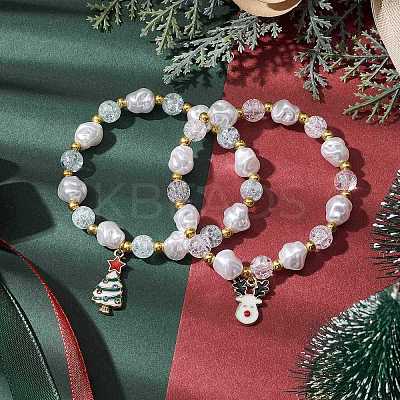 2Pcs 2 Styles Christmas Tree & Deer Alloy Enamel Charm Bracelet Sets BJEW-JB10871-1