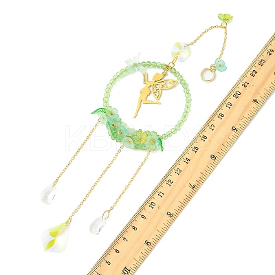 Teardrop Flower Glass & Acrylic Beads Suncatcher with 201 Stainless Steel Fairy Pendants HJEW-JM04988-01-1