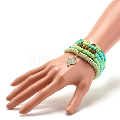 Natural Sandalwood Round & Polymer Clay Heishi Beads Stretch Bracelets Sets BJEW-JB07437-1