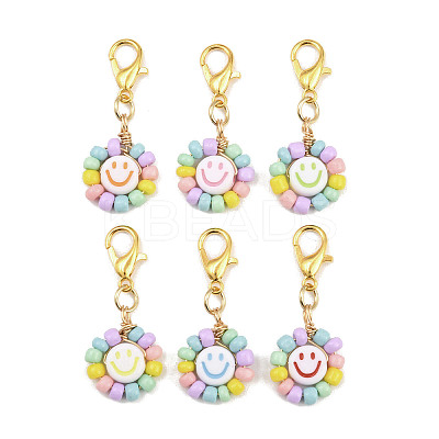 Glass Seed & Acrylic Smiling Face Pendant Decorations HJEW-JM04206-1