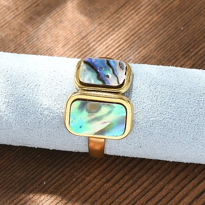 Rectangle 304 Stainless Steel Paua Shell Cuff Rings for Women X-RJEW-G346-04G-01-1
