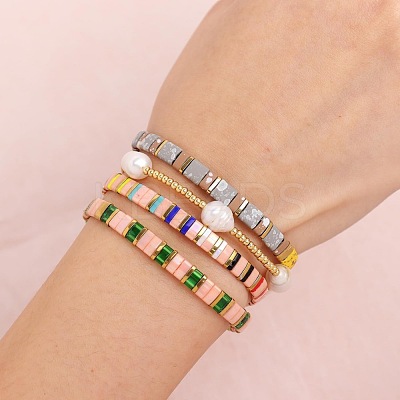 5Pcs Glass Seed Bead & Brass Beads Stretch Bracelets for Women GJ3337-1-1