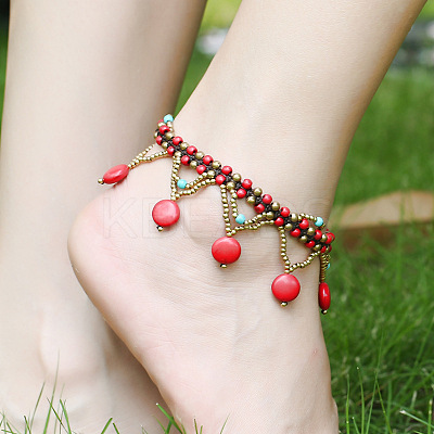 Bohemian Brass with Dyed Synthetic Turquoise Flat Round Beaded Tassel Anklets for Women FS-WG01C93-03-1