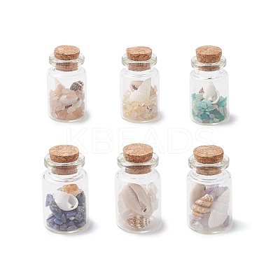 6Pcs Natural Lapis Lazuli/Amethyst/Carnelian/Citrine/Rose Quartz/ Amazonite Chip & Cowrie Shell Beads Healing Crystals Wishing Bottles PALLOY-JF03788-1