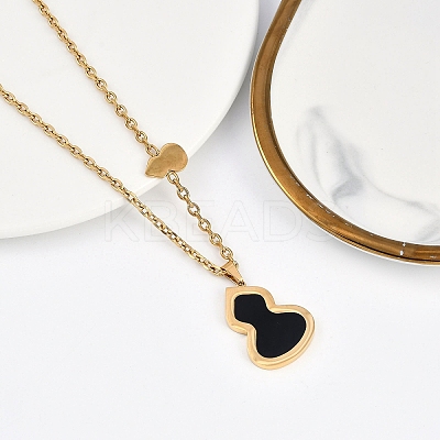 Ion Plating(IP) 304 Stainless Steel Pave Natural Shell Gourd Pendant Cable Chain Necklaces for Women NJEW-M078-02G-02-1