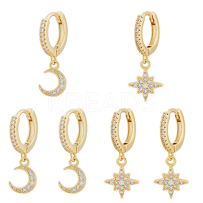 3 Pair 3 Style Clear Cubic Zirconia Moon & Star Dangle Hoop Earrings EJEW-FI0001-39-1