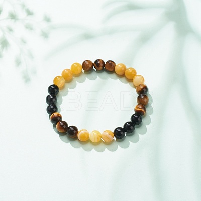Natural Agate & Tiger Eye & Black Onyx Round Beaded Stretch Bracelet BJEW-JB08400-05-1