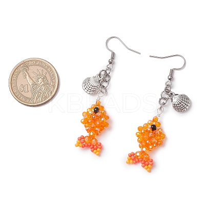 Fish with Shell Shape 304 Stainless Steel Glass Beads Dangle Earrings EJEW-MZ00436-1