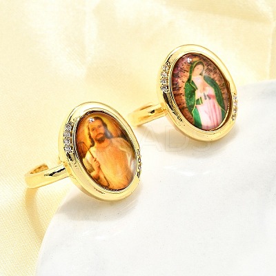 Jesus & Virgin Mary Theme Brass Micro Pave Clear Cubic Zirconia Cuff Rings for Women KK-D343-15G-1