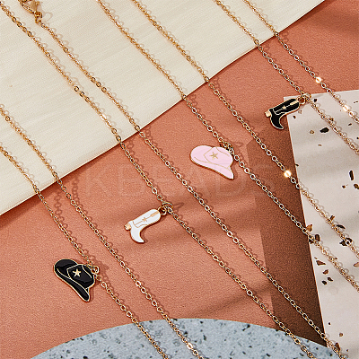 4Pcs 4 Styles Cowboy Theme Hat & Shoes Alloy Enamel Pendant Necklaces Set for Women NJEW-FI0001-10-1