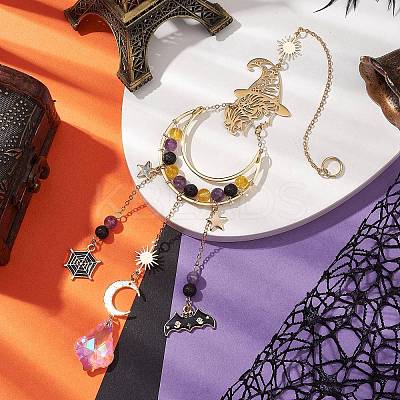 Halloween Natural Amethyst & Lava Rock & Synthetic Citrine Beads & Metal Witch & Moon Hanging Ornaments HJEW-TA00251-1
