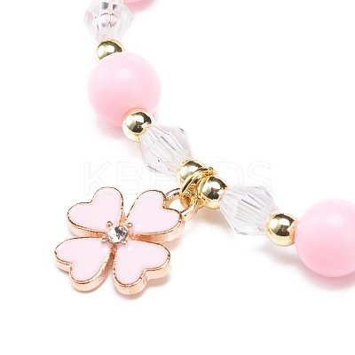 Pink Acrylic & Synthetic Hematite Beaded Stretch Bracelet with Alloy Enamel Charms for Women BJEW-JB08726-1