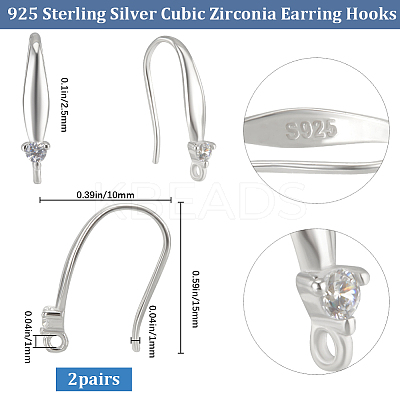 2 Pairs Rhodium Plated 925 Sterling Silver Micro Pave Cubic Zirconia Earring Hooks STER-BBC0007-09-1