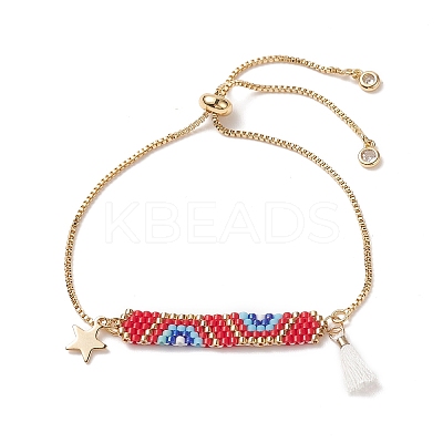 Handmade Japanese Seed Rectangle & Star & Tassel Charms Slider Bracelet BJEW-MZ00013-01-1