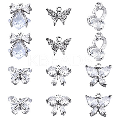 12Pcs 6 Style Brass Inlaid Clear Cubic Zirconia Charms ZIRC-SC0001-12-1
