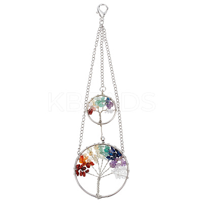 Flat Round with Tree of Life Mixed Stone Pendant Decorations HJEW-AB00162-1