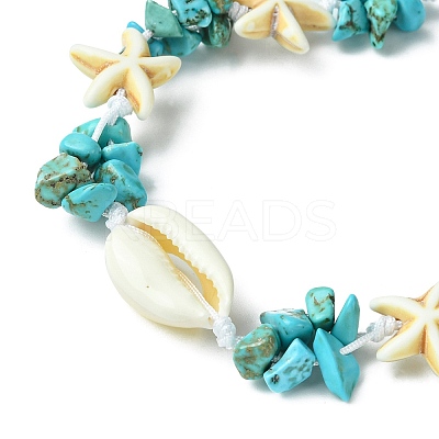 Synthetic Turquoise Starfish & Natural Shell Braided Bead Bracelets BJEW-TA00371-1
