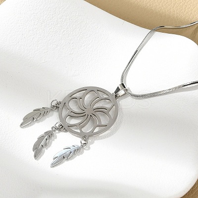 Bohemian 201 Stainless Steel Flower Woven Web/Net with Feather Pendant Necklaces NJEW-P327-07P-B-1