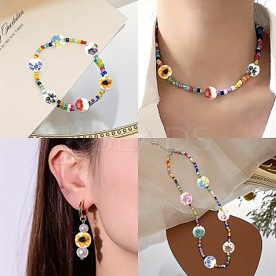50Pcs 10 Colors Floral Printed Porcelain Beads PORC-YW0001-57-1