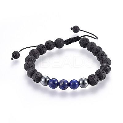 Natural Lava Rock and Non-Magnetic Synthetic Hematite Beads Braided Bead Bracelets BJEW-JB03975-02-1
