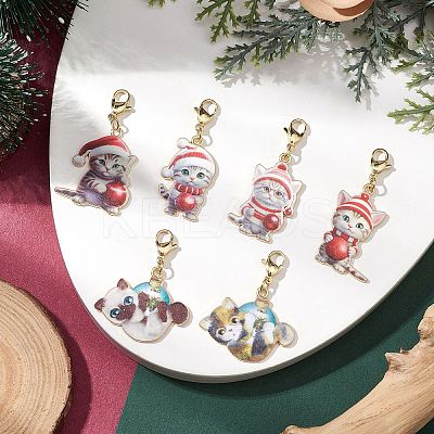 6Pcs 6 Styles Christmas Cat Alloy Enamel Pendant Decorations HJEW-JM02420-1