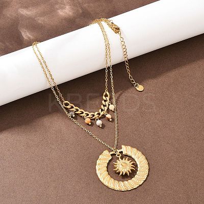 304 Stainless Steel Sun and Round Natural Crazy Agate Pendant Double Layer for Women NJEW-K252-13G-1