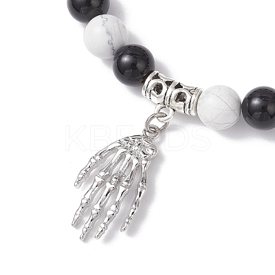 Halloween Brass Skeleton Hand Charm Natural Howlite and Black Onyx (Dyed & Heated) Round Beaded Stretch Bracelets BJEW-TA00683-1