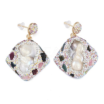 Rack Plating Rhombus Brass With Natural Tourmaline & Natural Pearl Handmade Indonesia Stud Earrings EJEW-U010-03B-G-1