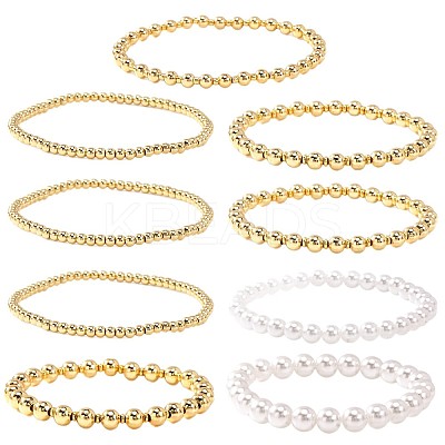 9Pcs Brass & Plastic Imitation Pearl Round Beads Stretch Bracelets for Women QZ7460-1-1